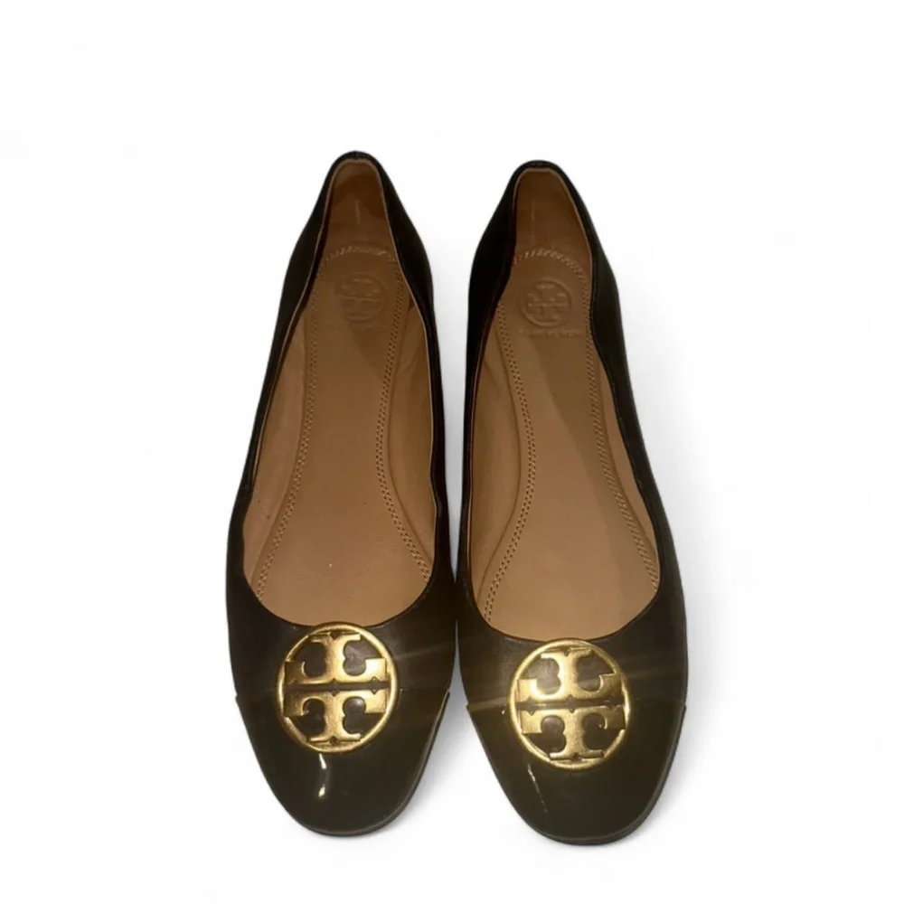 Tory Burch Black Leather‎ with Gold Logo Women's Ballet Flats Size 8.5